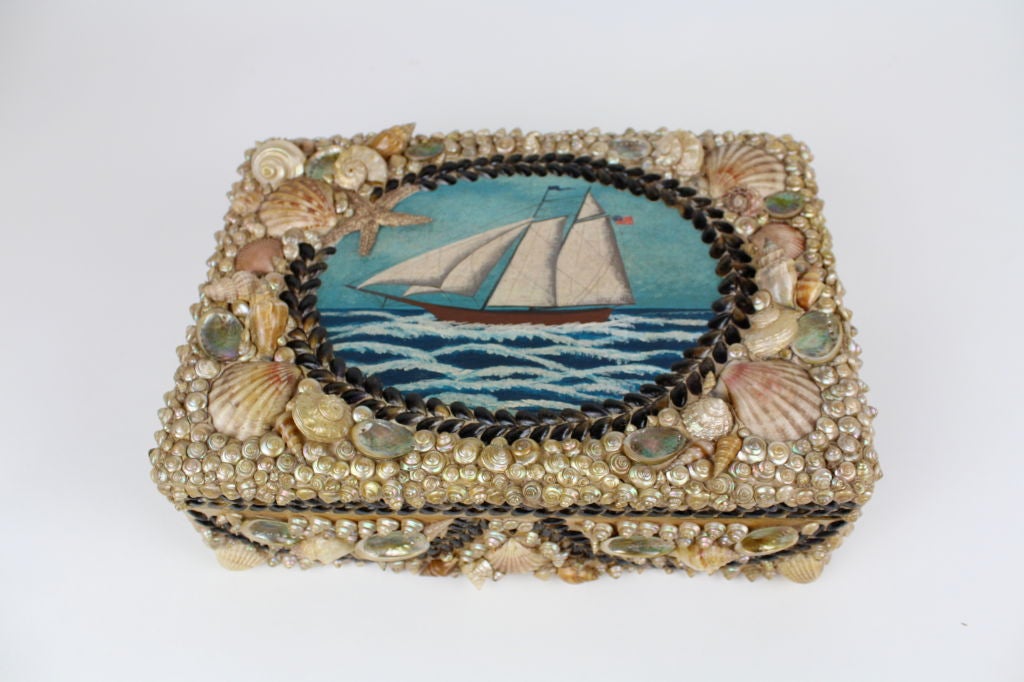 Shell Encrusted Box with Marine Painting In Good Condition In Palm Beach, FL
