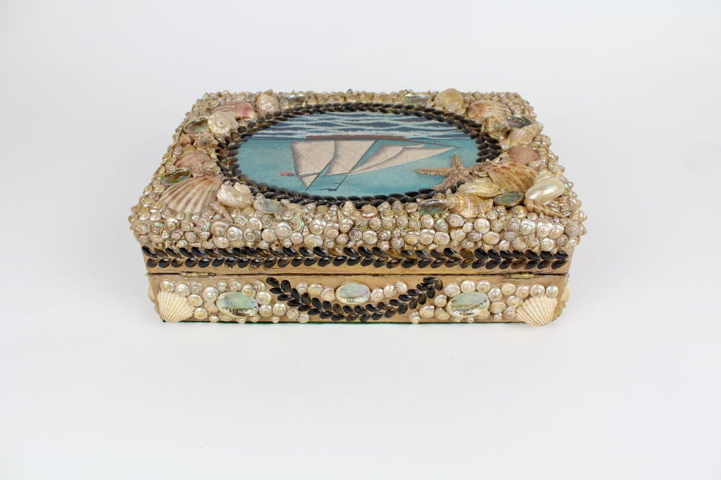 20th Century Shell Encrusted Box with Marine Painting