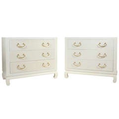 Pair of Baker White Painted Fabric or Raffia Chinese Style Chests