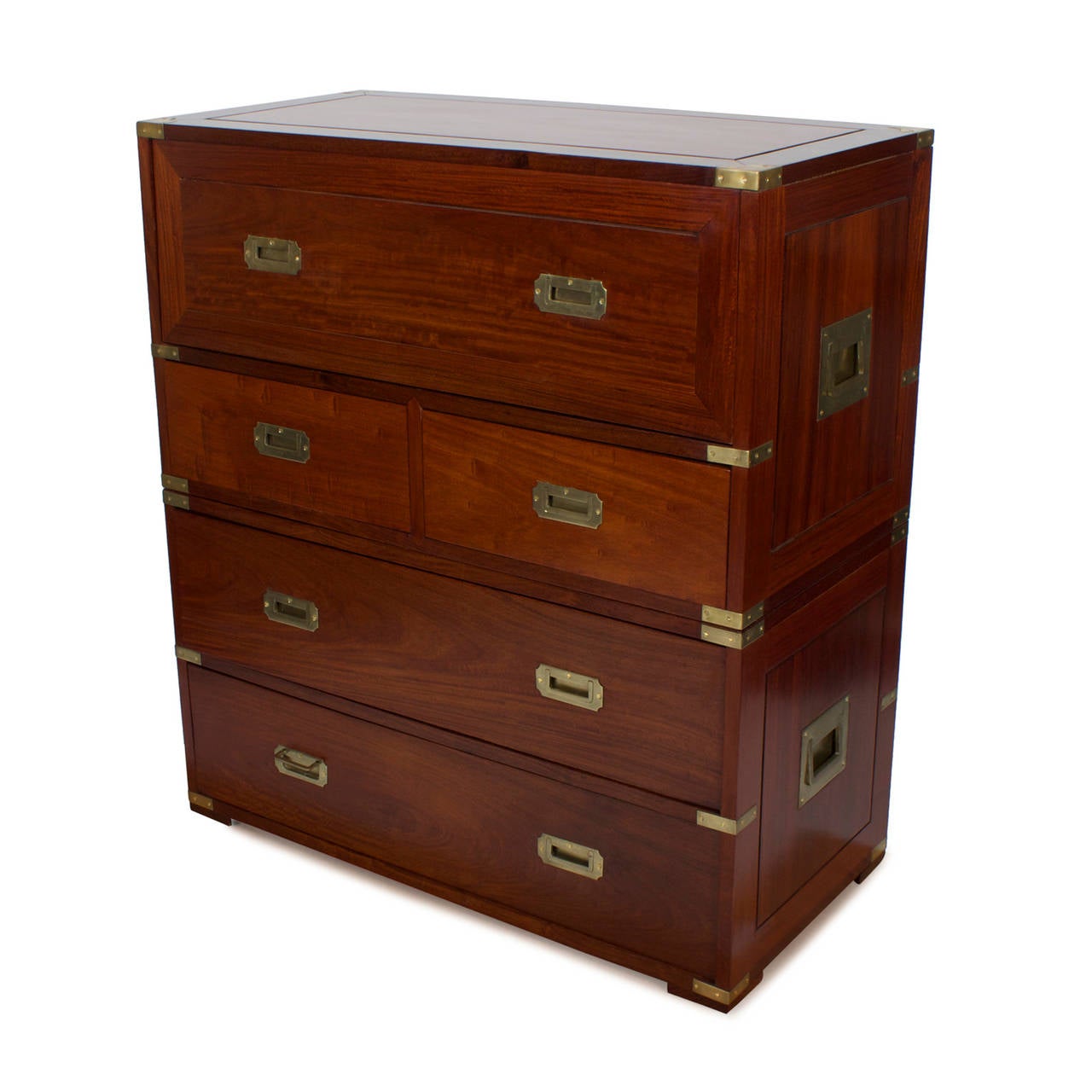 A rare vintage modern take on a Campaign secretary chest with a drop down top drawer exposing four drawers and numerous cubby holed interior with four storage drawers below. Made of mahogany with solid brass inset hardware, and a high quality drop
