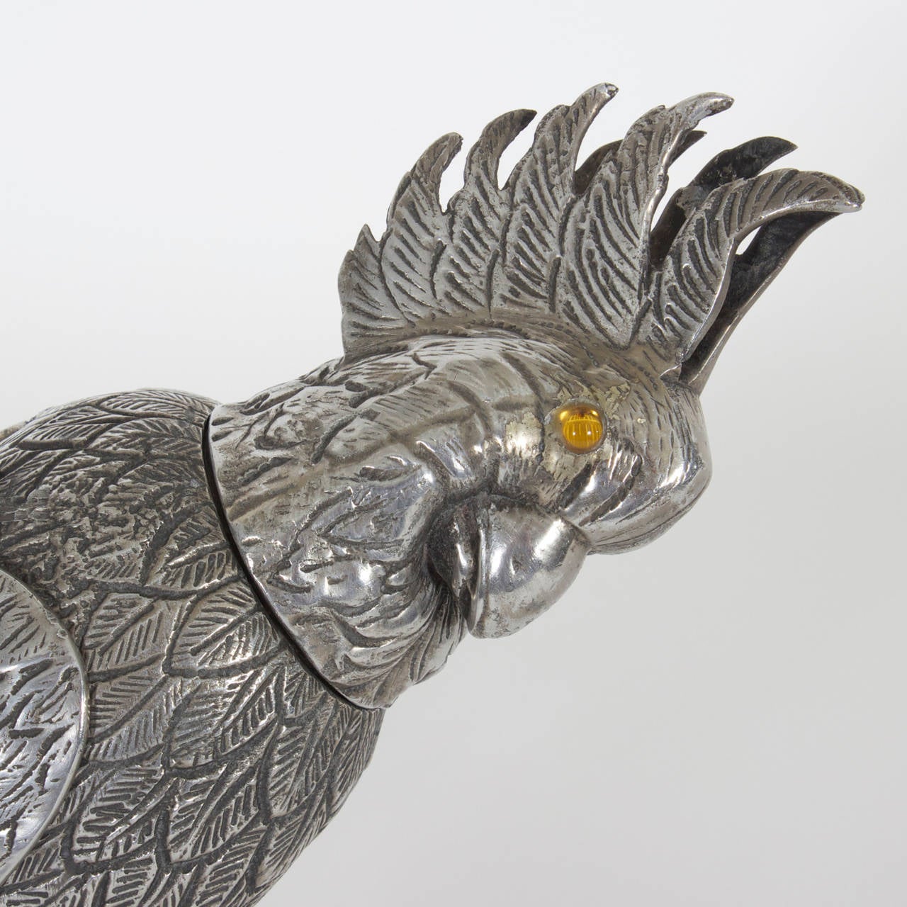 20th Century Silvered Metal Parrot with Hinged Wings on Branch Container or Box