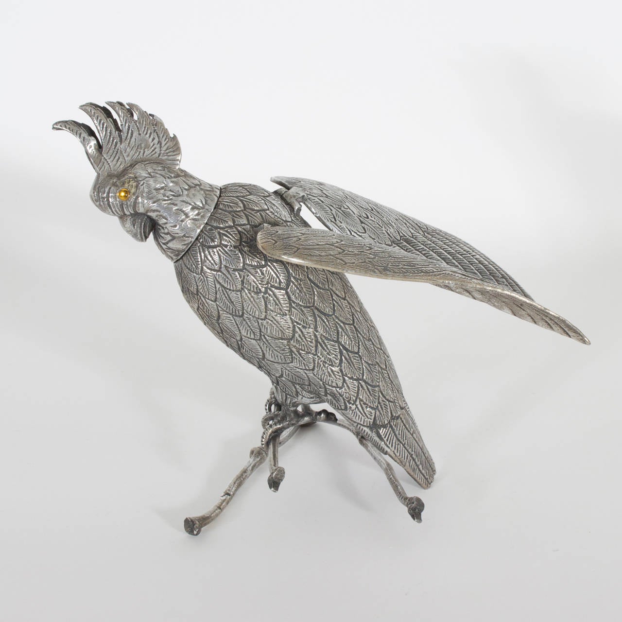 Silvered Metal Parrot with Hinged Wings on Branch Container or Box In Excellent Condition In Palm Beach, FL