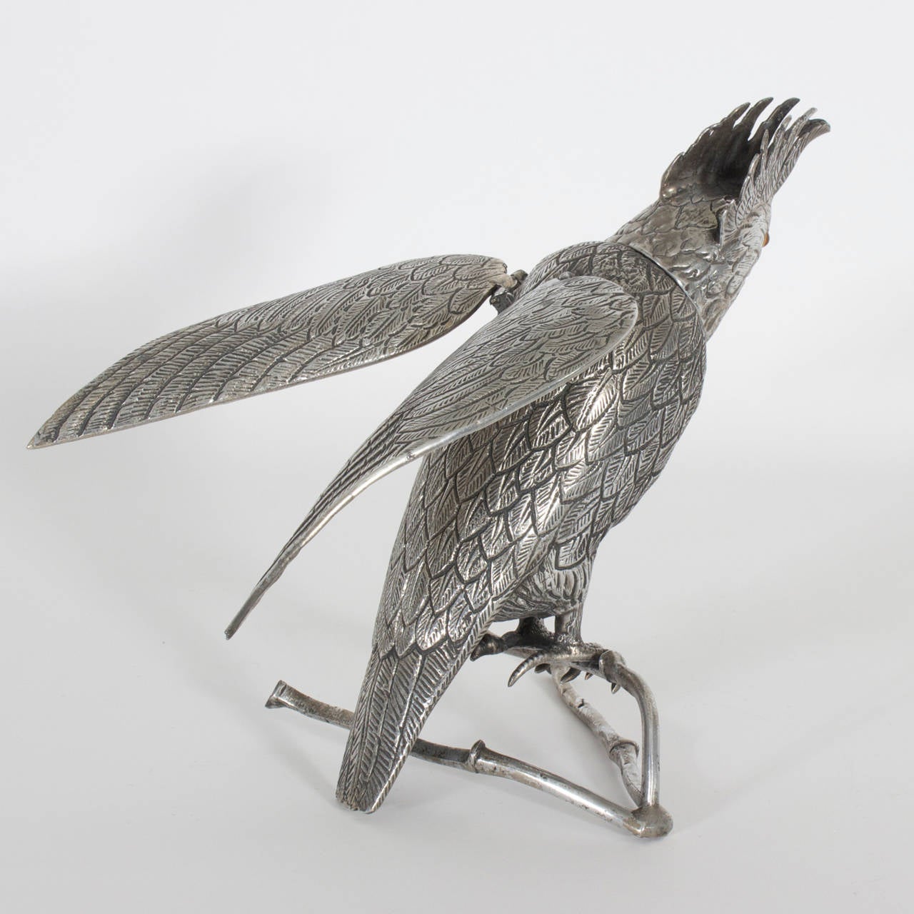 Rustic Silvered Metal Parrot with Hinged Wings on Branch Container or Box