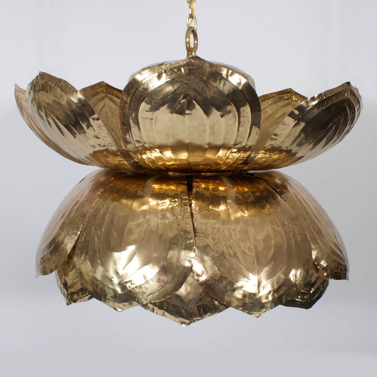 Exceptional Large Custom Brass Lotus Pendant Light, Pair Available In Excellent Condition In Palm Beach, FL