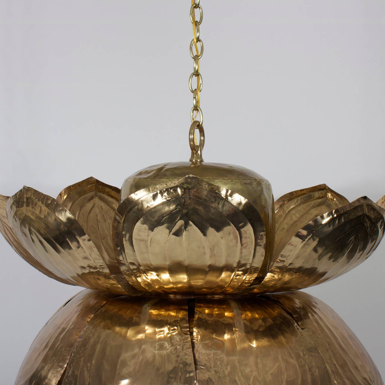 Late 20th Century Exceptional Large Custom Brass Lotus Pendant Light, Pair Available