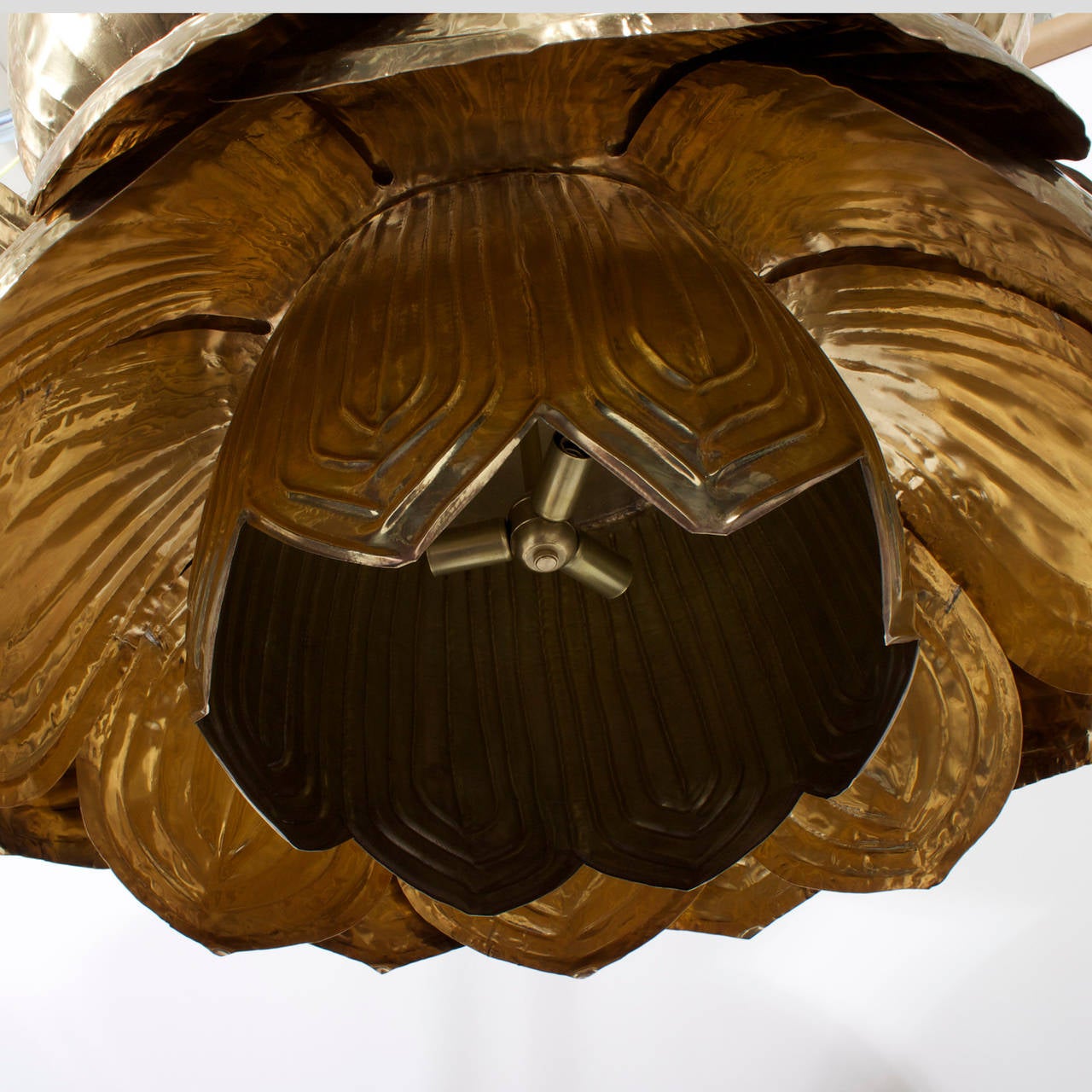 Exceptional Large Custom Brass Lotus Pendant Light, Pair Available 4