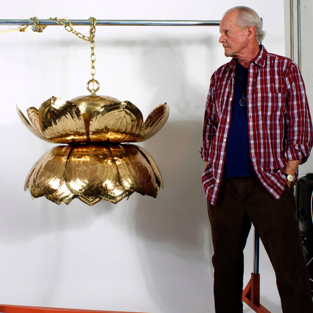 Exceptional Large Custom Brass Lotus Pendant Light, Pair Available 5