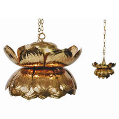 Exceptional Large Custom Brass Lotus Pendant Light, Pair Available