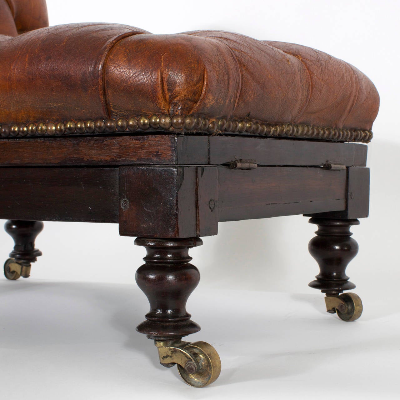 Hand-Crafted 19th Century Tufted Leather Foot Stool or Bench, with Raising Capabilities For Sale