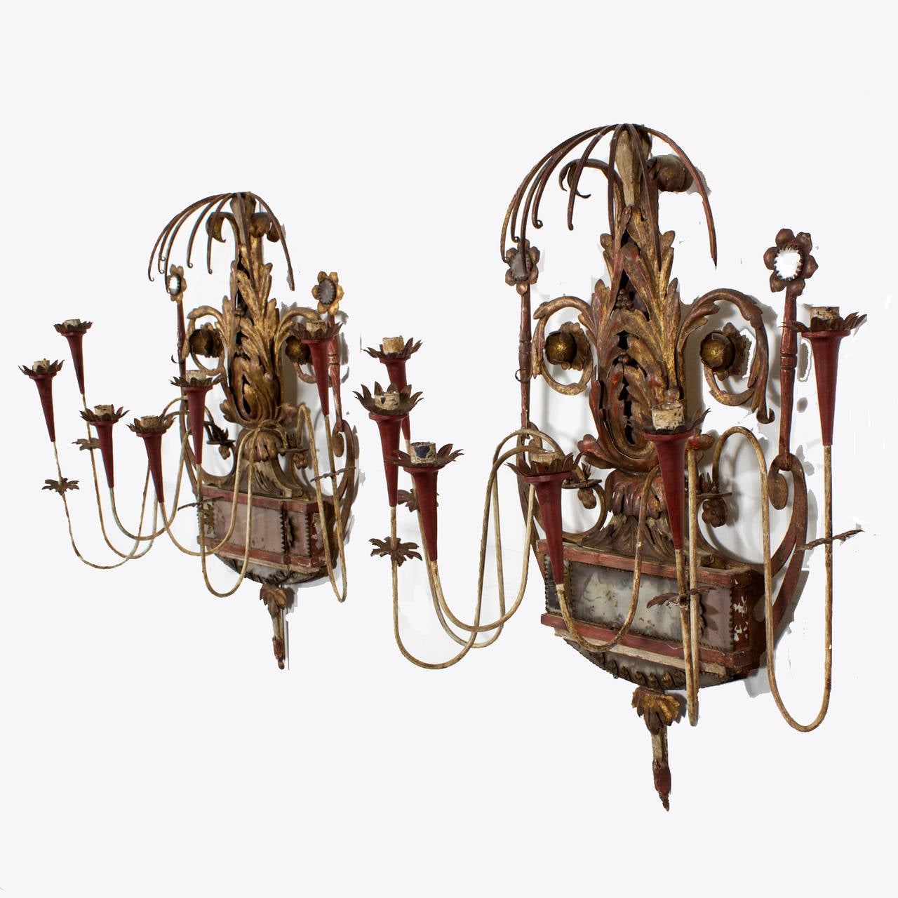 Italian Pair of Neoclassical Style Painted Tole, Wood and Mirror Wall Sconces For Sale