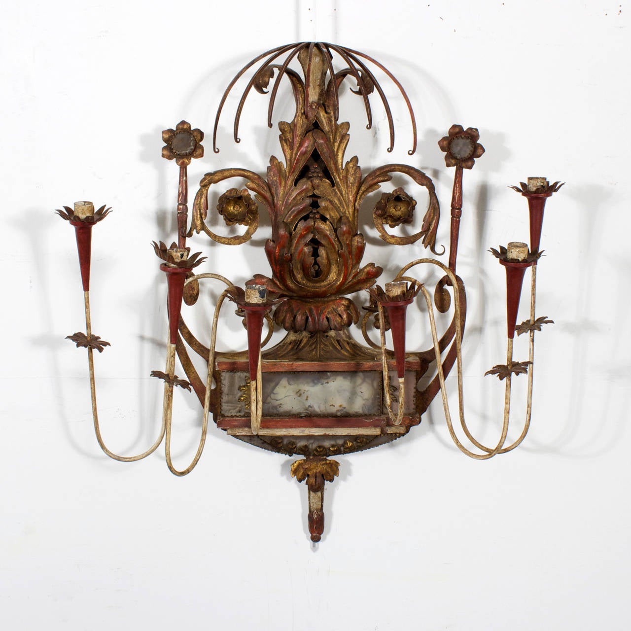 Pair of Neoclassical Style Painted Tole, Wood and Mirror Wall Sconces In Good Condition For Sale In Palm Beach, FL