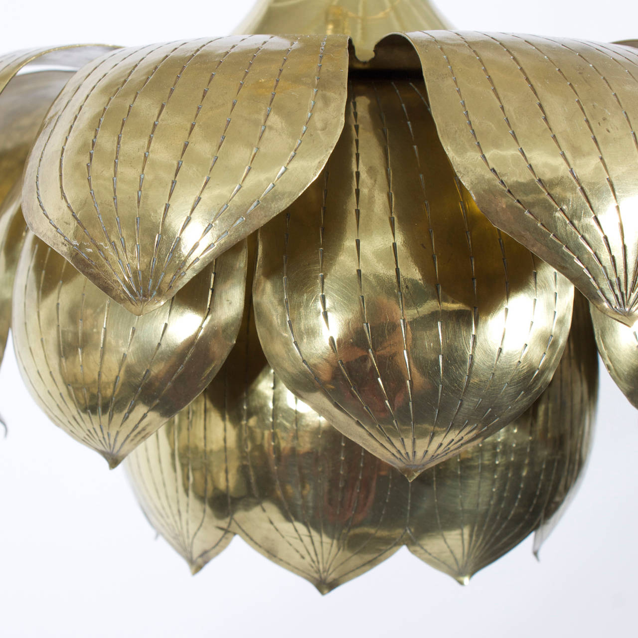Etched Brass Lotus Pendant Light or Chandelier In Excellent Condition In Palm Beach, FL