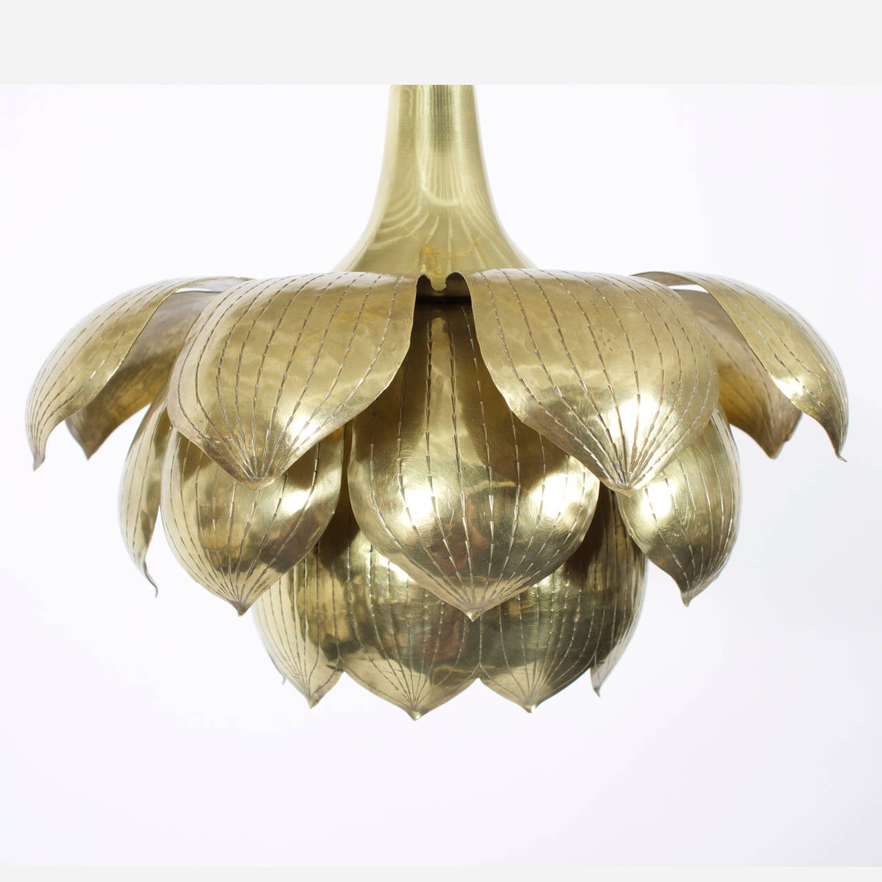 20th Century Etched Brass Lotus Pendant Light or Chandelier