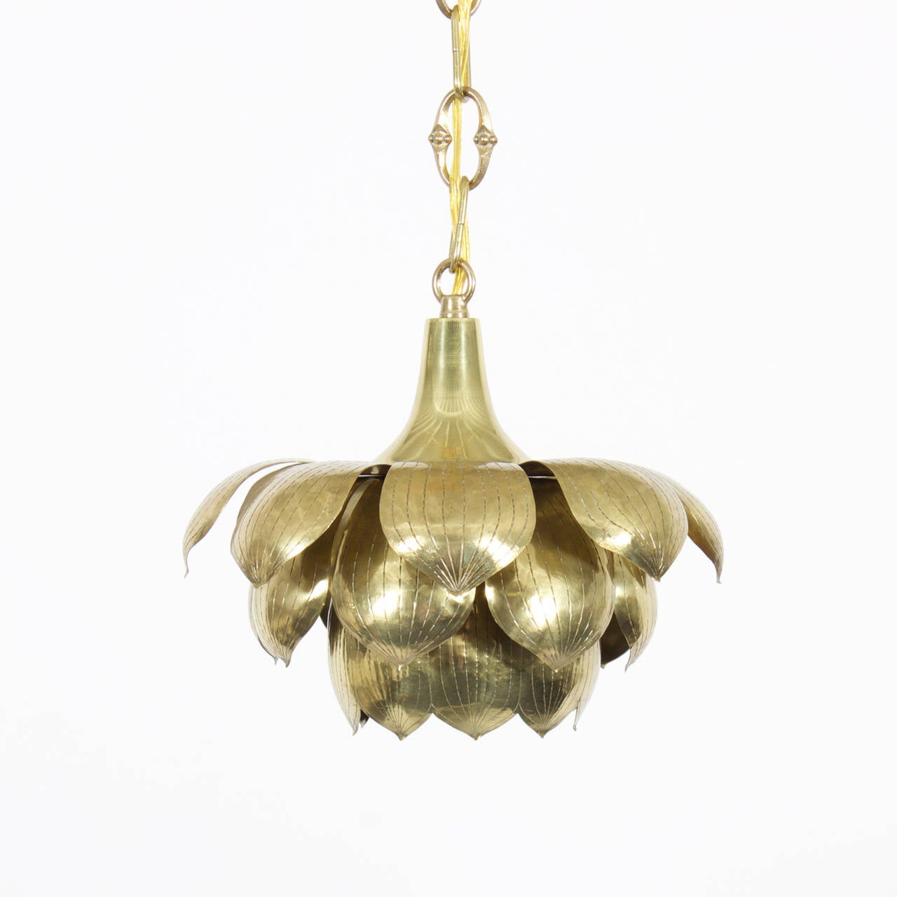 An etched brass lotus pendant light or chandelier, in the Feldman manner, if not made by Feldman. Newly wired. Lovely piece.