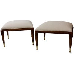 Pair of Carved Knee Walnut Ottomans with Brass Capped Feet