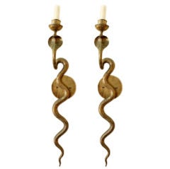 Pair of Etched Brass Electrifed Cobra Wall Sconces