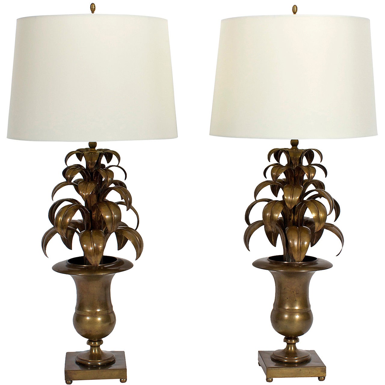 Pair of Italian Brass Tropical Leaf Palm Tree Lamps For Sale