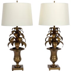 Pair of Italian Brass Tropical Leaf Palm Tree Lamps