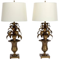 Vintage Pair of Italian Brass Tropical Leaf Palm Tree Lamps