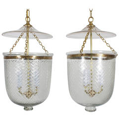 Pair of Glass and Brass Hurricane or Bell Jar Lanterns