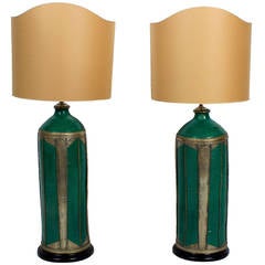 Vintage Pair of Large and Impressive Pottery Lamps with Hand Hammered Accents