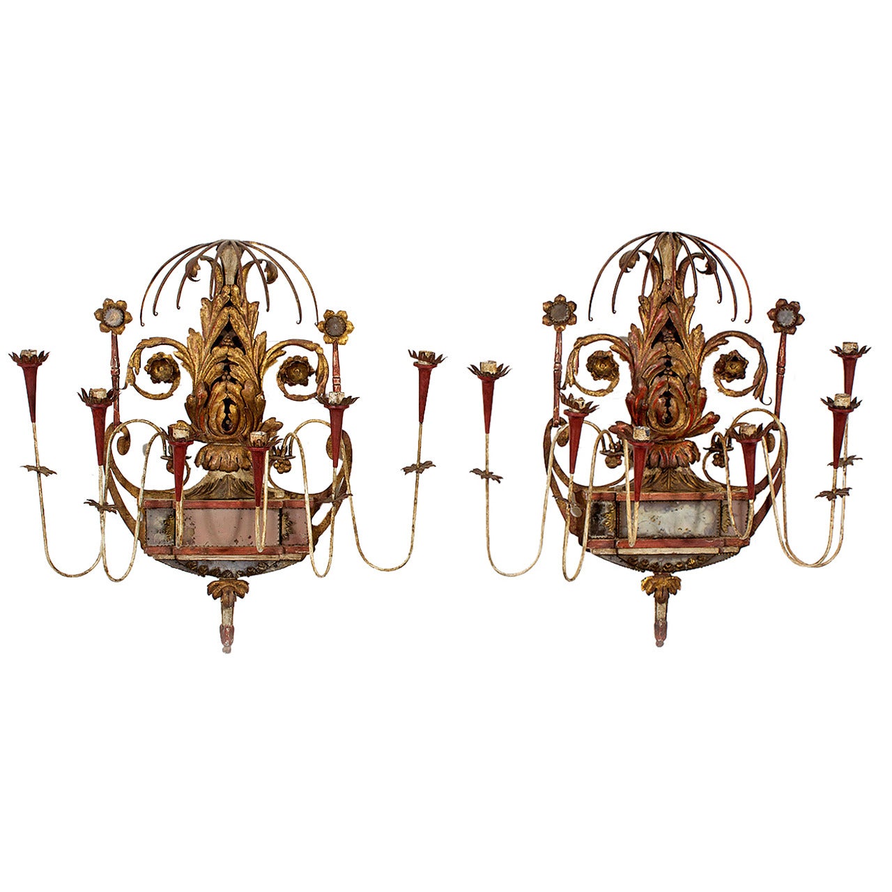Paar Wandleuchter im neoklassischen Stil aus bemaltem Zinn, Holz und Spiegeln im Angebot