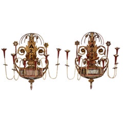 Pair of Neoclassical Style Painted Tole, Wood and Mirror Wall Sconces