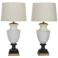 Vintage Pair of White Stoneware Neoclassical Apothecary Table Lamps