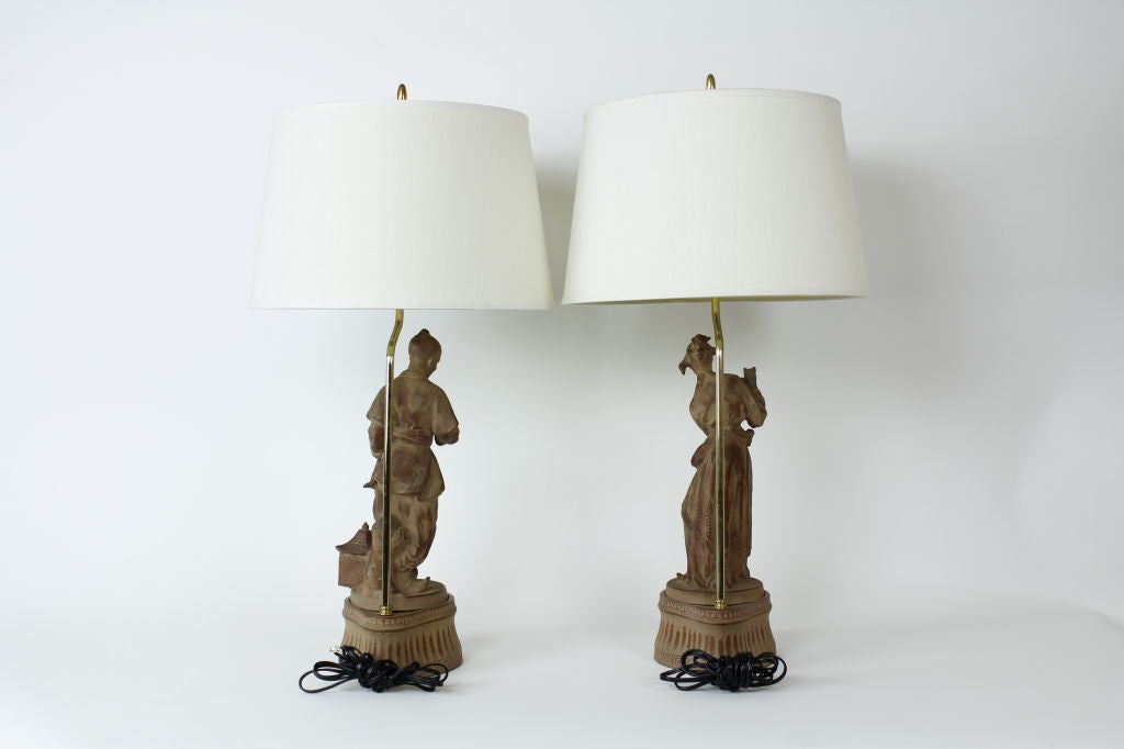 Neoclassical Pair of Terra Cotta Chinoiserie Male and Female Figure Lamps