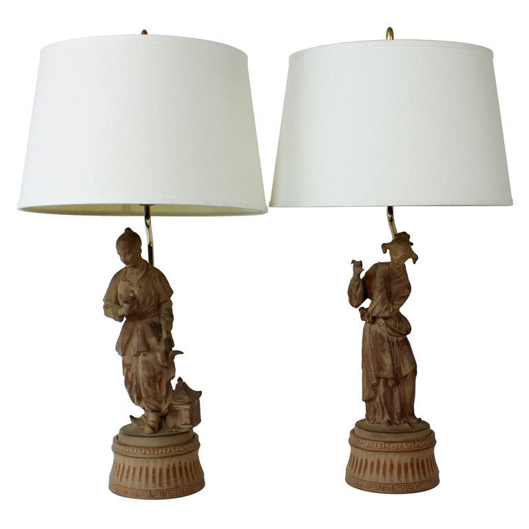 Pair of Terra Cotta Chinoiserie Male and Female Figure Lamps