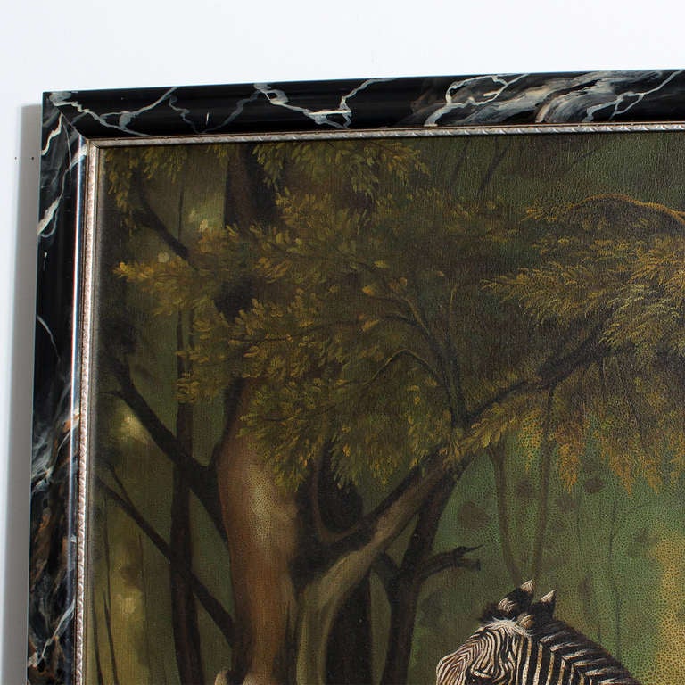 American Oil on Canvas Painting of a Zebra in a Forest Setting