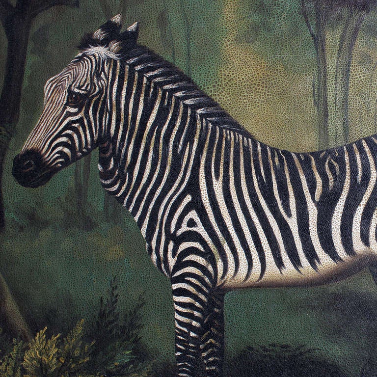 Oil on Canvas Painting of a Zebra in a Forest Setting In Excellent Condition In Palm Beach, FL