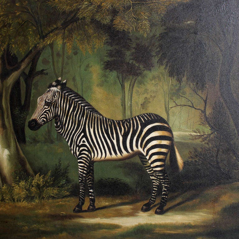 An oil on canvas painting of a zebra, in a forest setting, with the original painted frame, after George Stubbs. Some craculature, which adds mood and a vintage flavor, probably painted in the 1980's. A perfect solution for the 90% of us who cannot