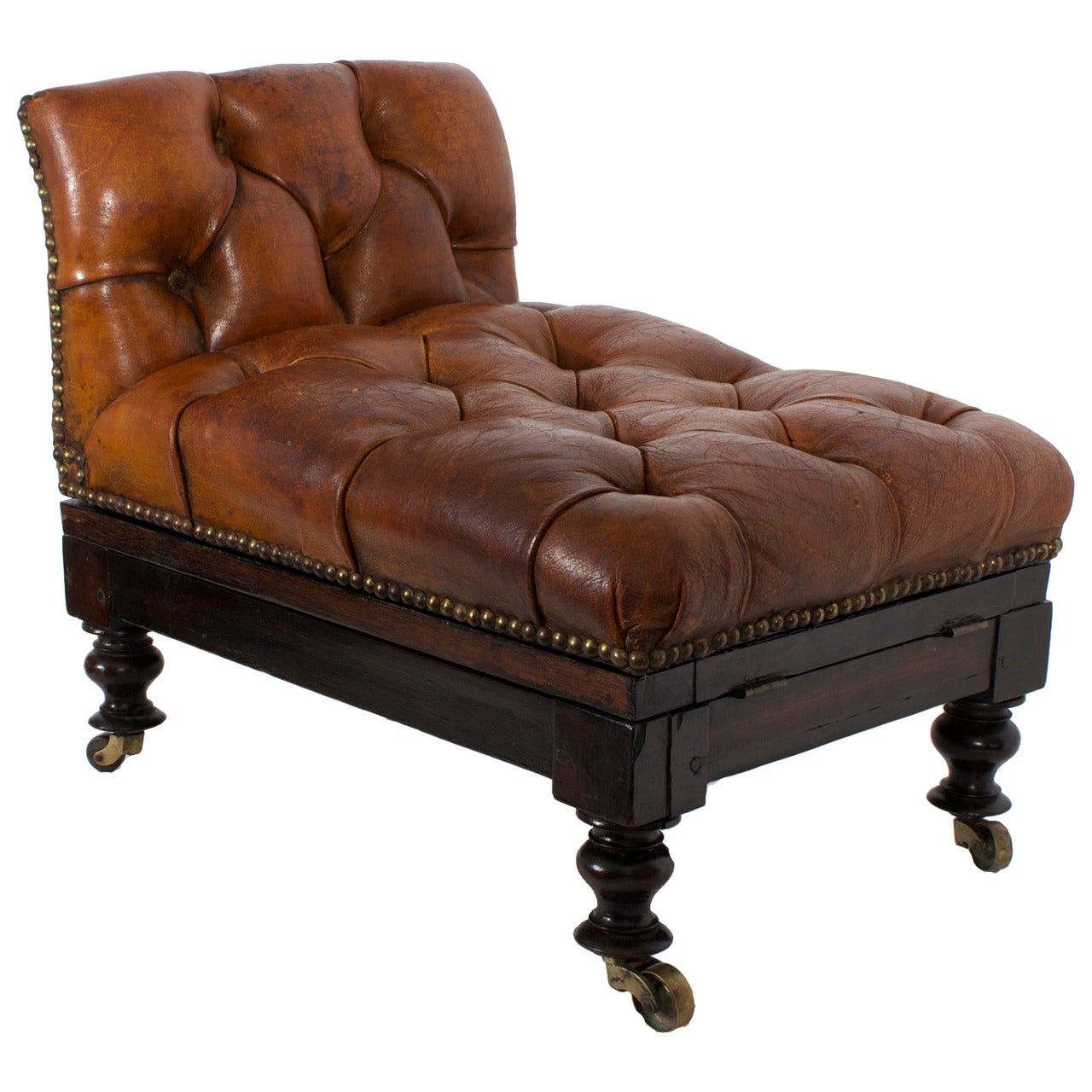 19th Century Tufted Leather Foot Stool or Bench, with Raising Capabilities For Sale