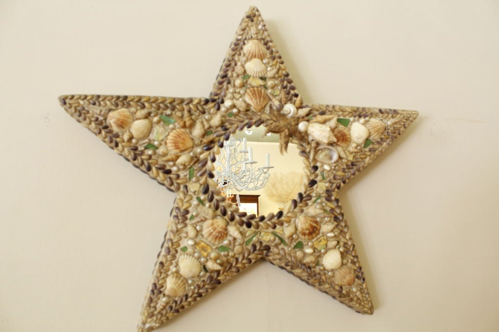 Rustic Shell and Porcelain Inlaid Star Shaped Seashell Mirror