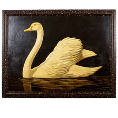 Large Oil on Canvas Painting of a Floating Swan