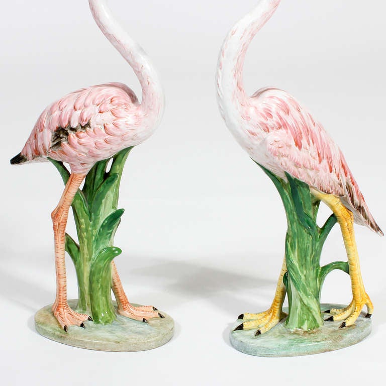 Italian Pair of Porcelain Egret and Flamingo Bird Figures