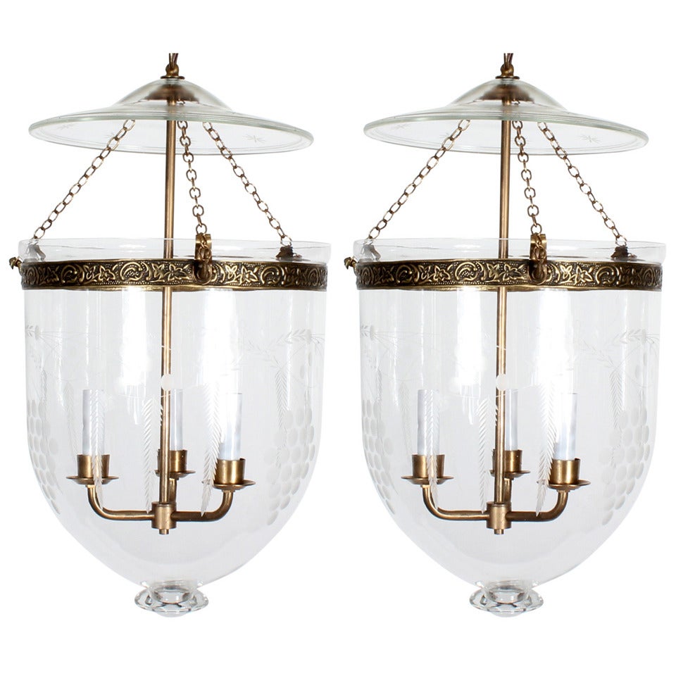 Etched Glass Bell Jar Hurricane Pendant Light or Lantern