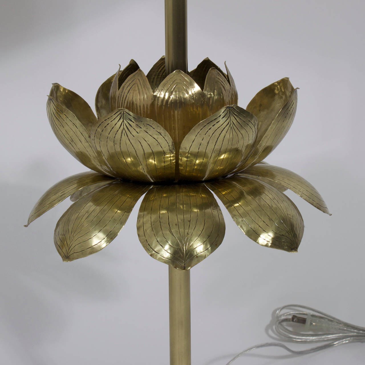 American Pair of Etched Brass Lotus Flower Table Lamps, in the Manner of Feldman