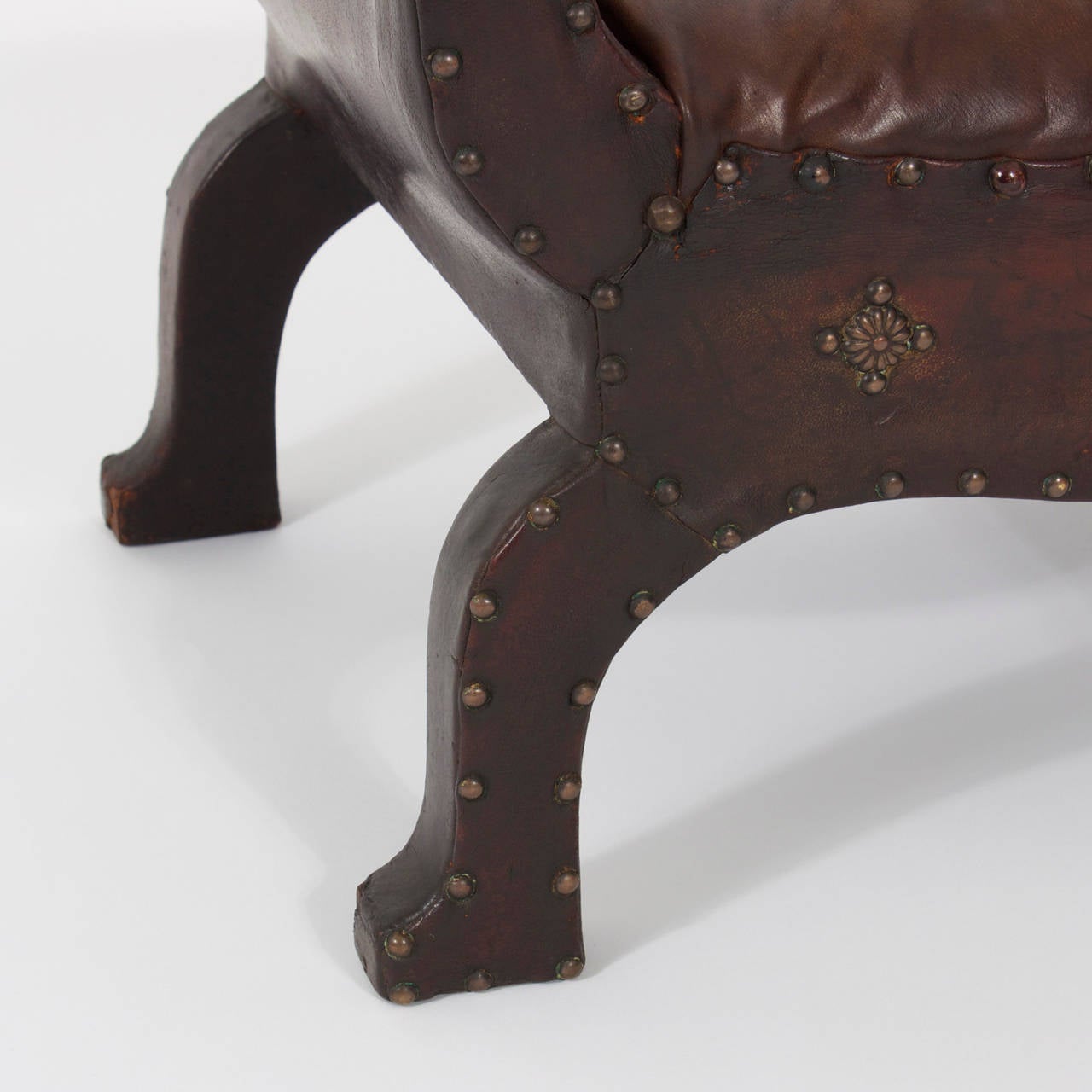 Antique Leather Foot Stool with Nail Head Trim For Sale 3