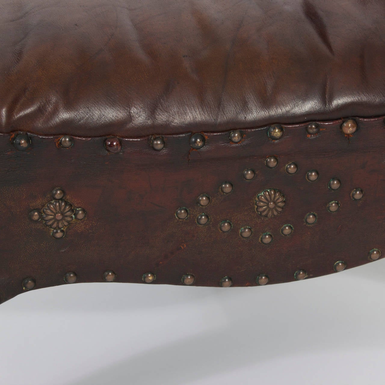 Antique Leather Foot Stool with Nail Head Trim For Sale 1