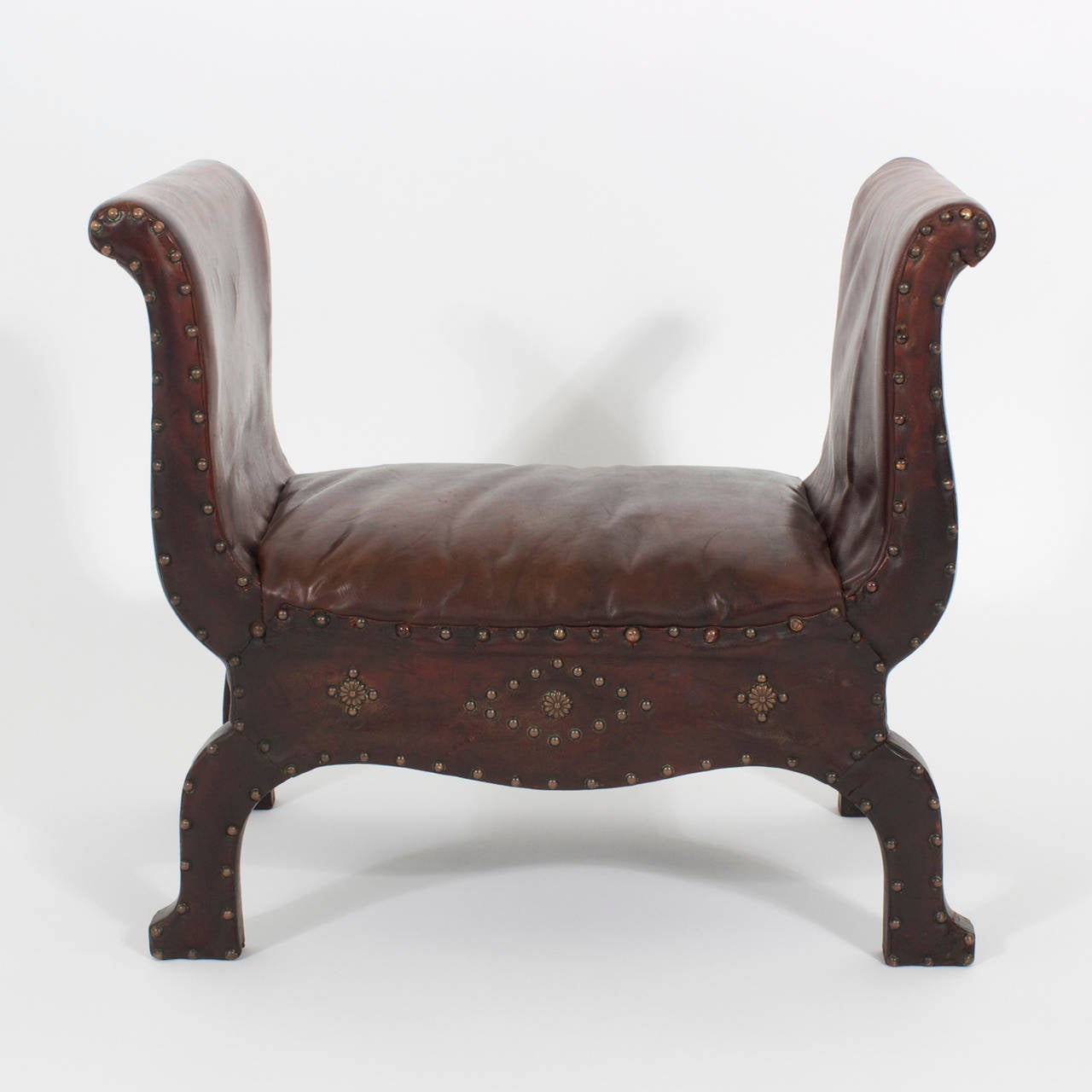 Antique Leather Foot Stool with Nail Head Trim In Good Condition For Sale In Palm Beach, FL