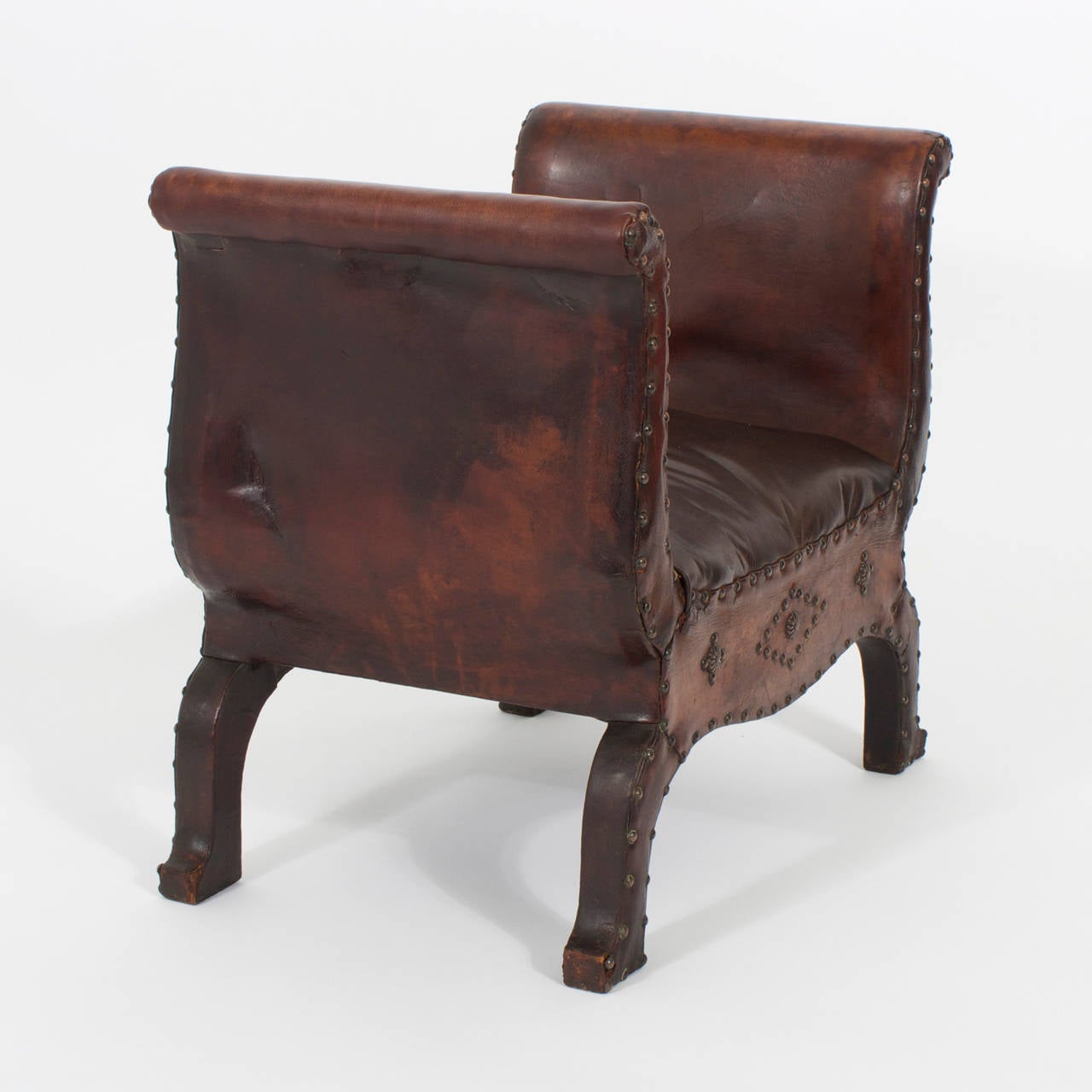 19th Century Antique Leather Foot Stool with Nail Head Trim For Sale