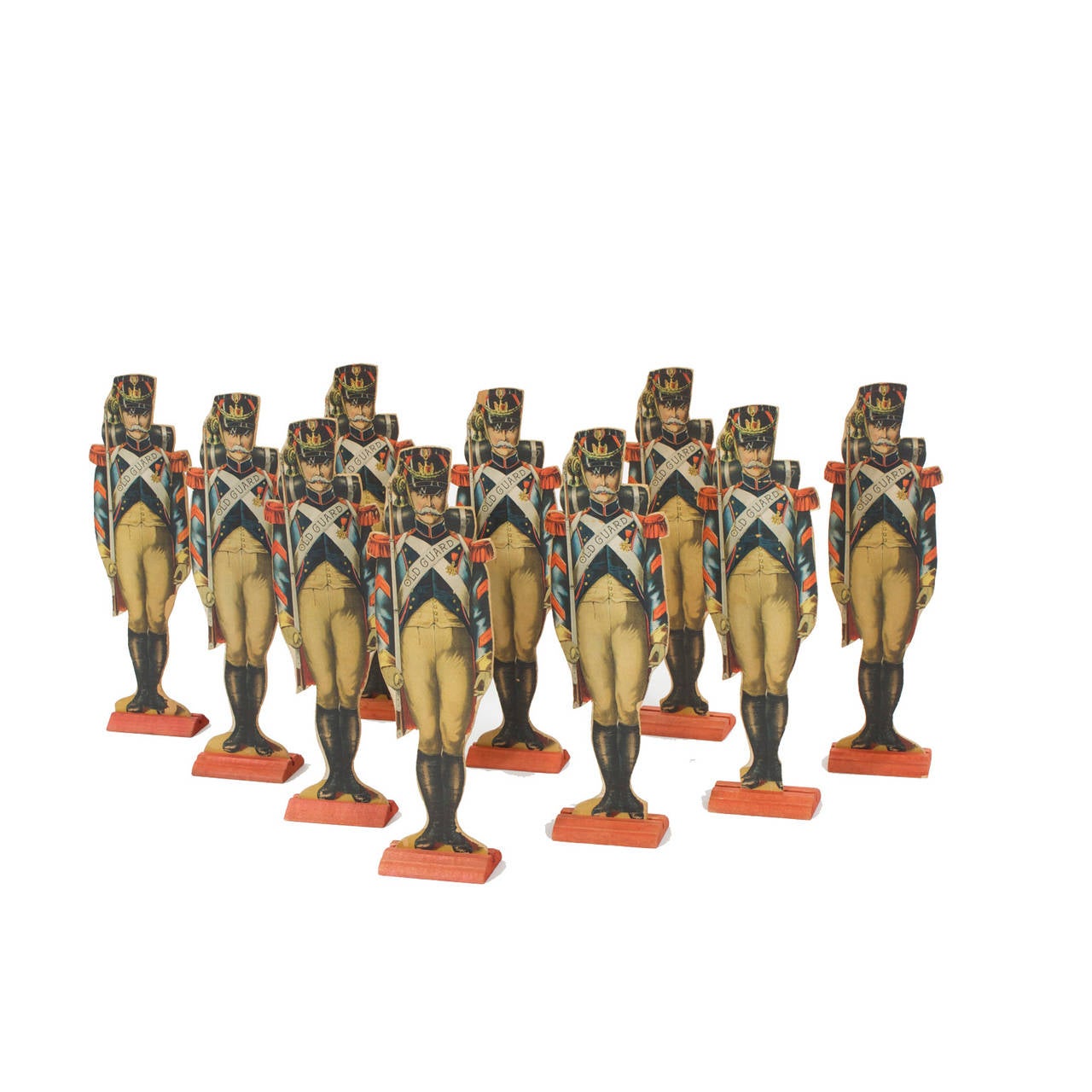 A set of 5 vintage Ticonderoga skittles game pieces made of wood and laminated with colorful lithographs, depicting early 19th century soldiers in full regalia, titled Old Guard. Great surface and a nice size. Priced Individually at $395.00