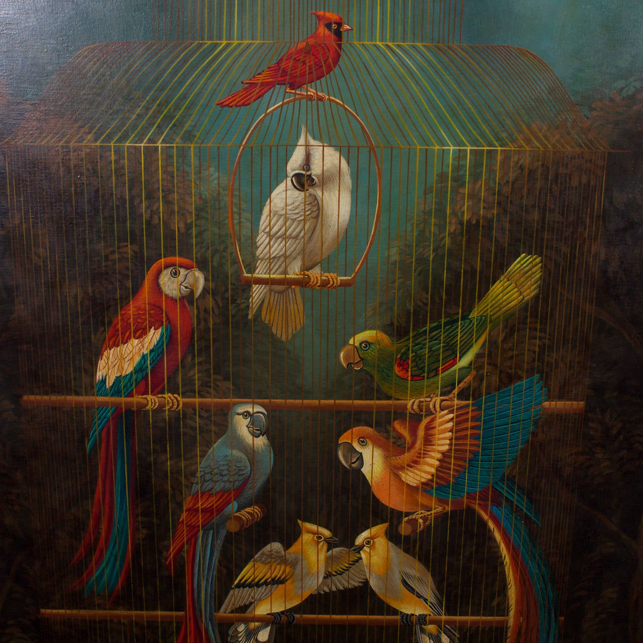 Large, fanciful oil on canvas painting of a gilded cage filled with a colorful assortment of parrots and a cardinal, posing for a portrait, set in an outdoor setting and signed Skilling on the lower right. Original gilt frame.