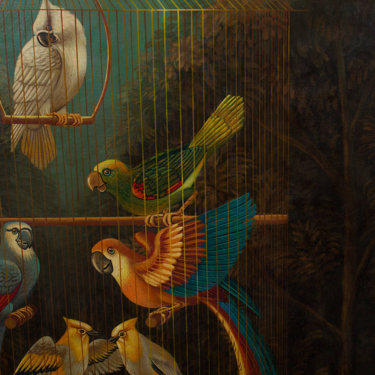 Large Fanciful Oil on Canvas Painting of Birds by William Skilling In Excellent Condition In Palm Beach, FL