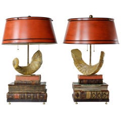 A Pair of Horn, Antique Leather Books, and Tole Shade Lamps