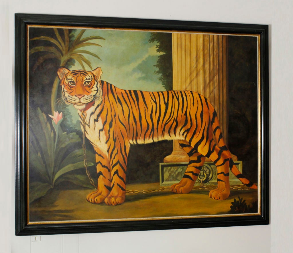 There is something about a very large animal painting, that captures the imagination, and this painting does just that.

Painted by William E. Skilling, in the USA, probably around 1960. Other animal and genre paintings are known by this artist,
