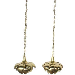 Retro Pair of Brass Hanging Lotus Pendant Lamps or Chandeliers