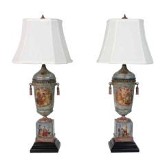 Pair of Neoclassical Style Chinoiserie Decorated Tole Lamps